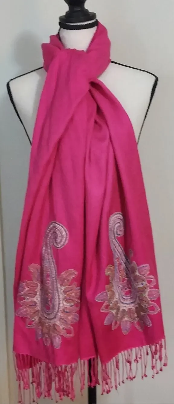 Karma Cashmere Silk Pashmina Scarf Shawl Wrap Raspberry Embroidered Paisley Boho